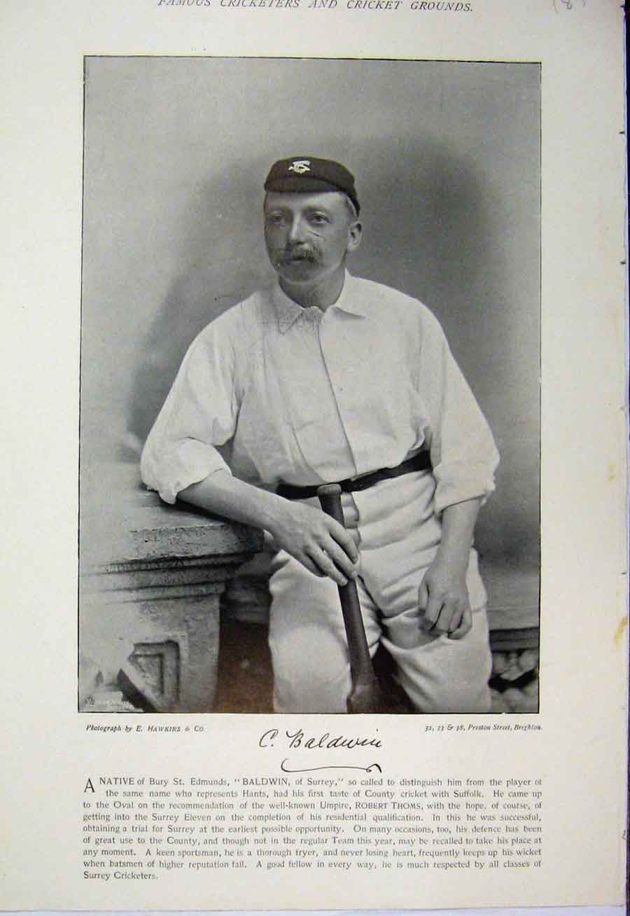 Original Old Antique Print 1895 Cricket Sport Baldwin David Denton Photograph