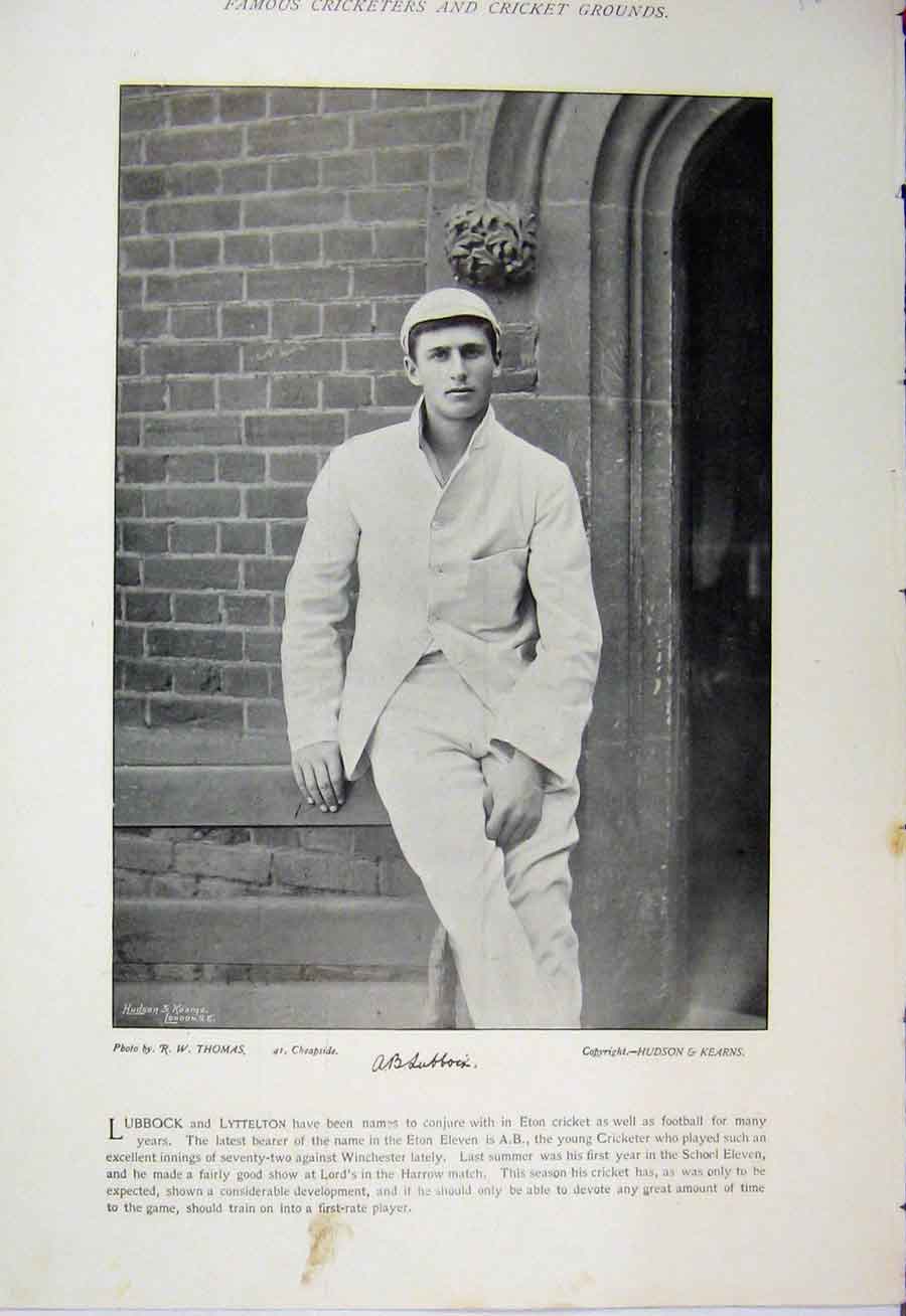 Original Old Antique Print Cricket Lubbock 1895 Pilkington Sport Photograph
