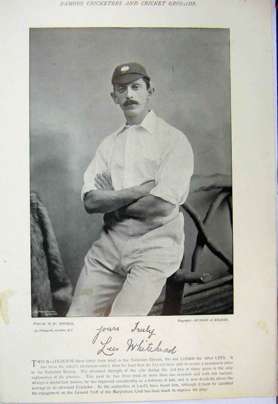 Original Old Antique Print 1895 Cricket Players Whitehead Tyldesley Photograph