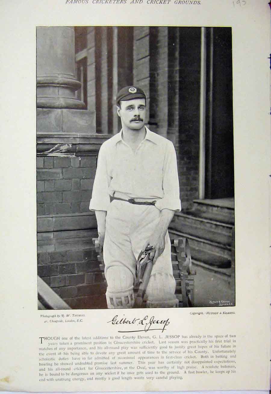 Original Old Antique Print 1895 Cricket Jessop Thomas Mycroft Photograph Sport