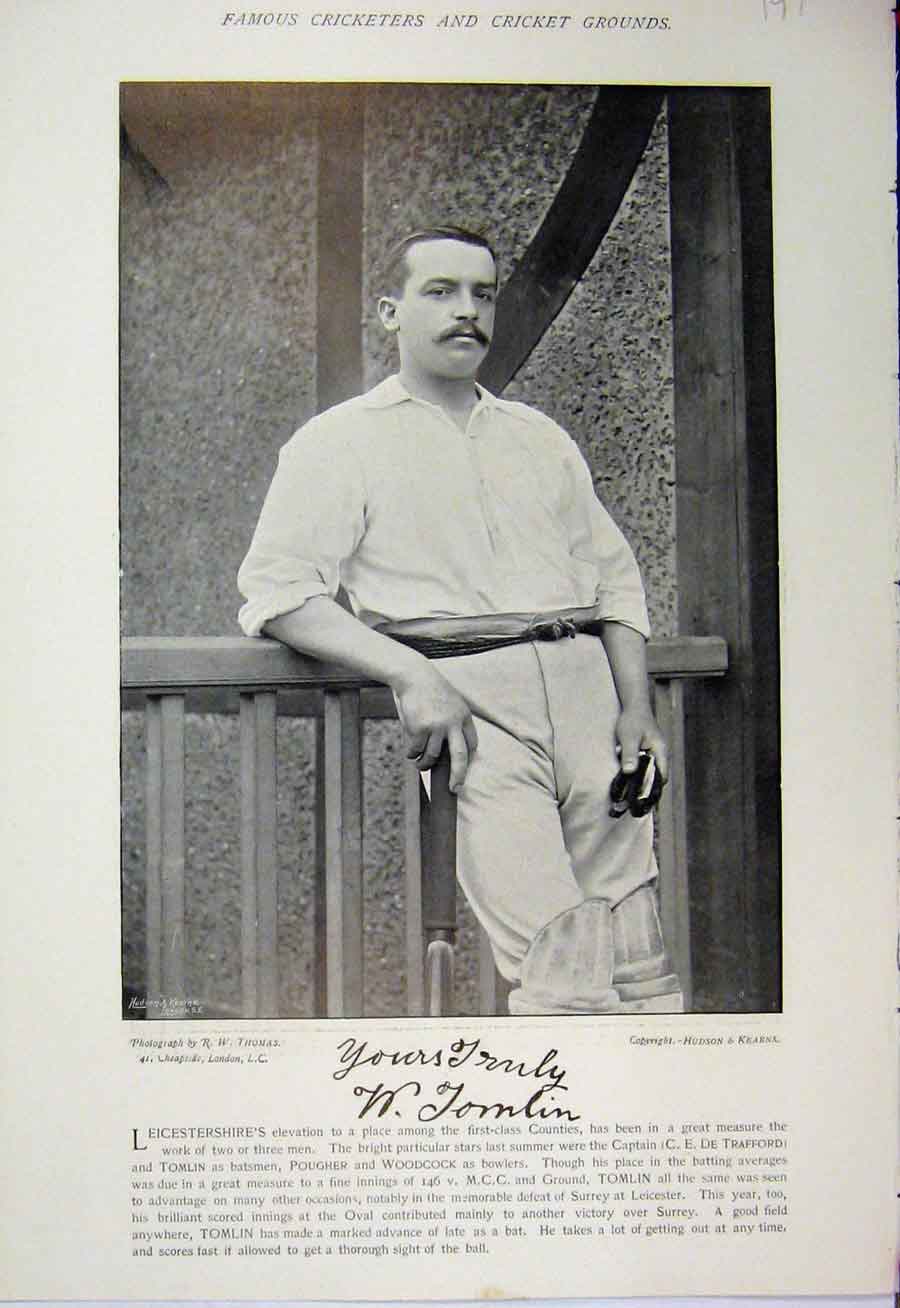 Original Old Antique Print 1895 Cricket Sport Tomlin Kortright Photograph 19th