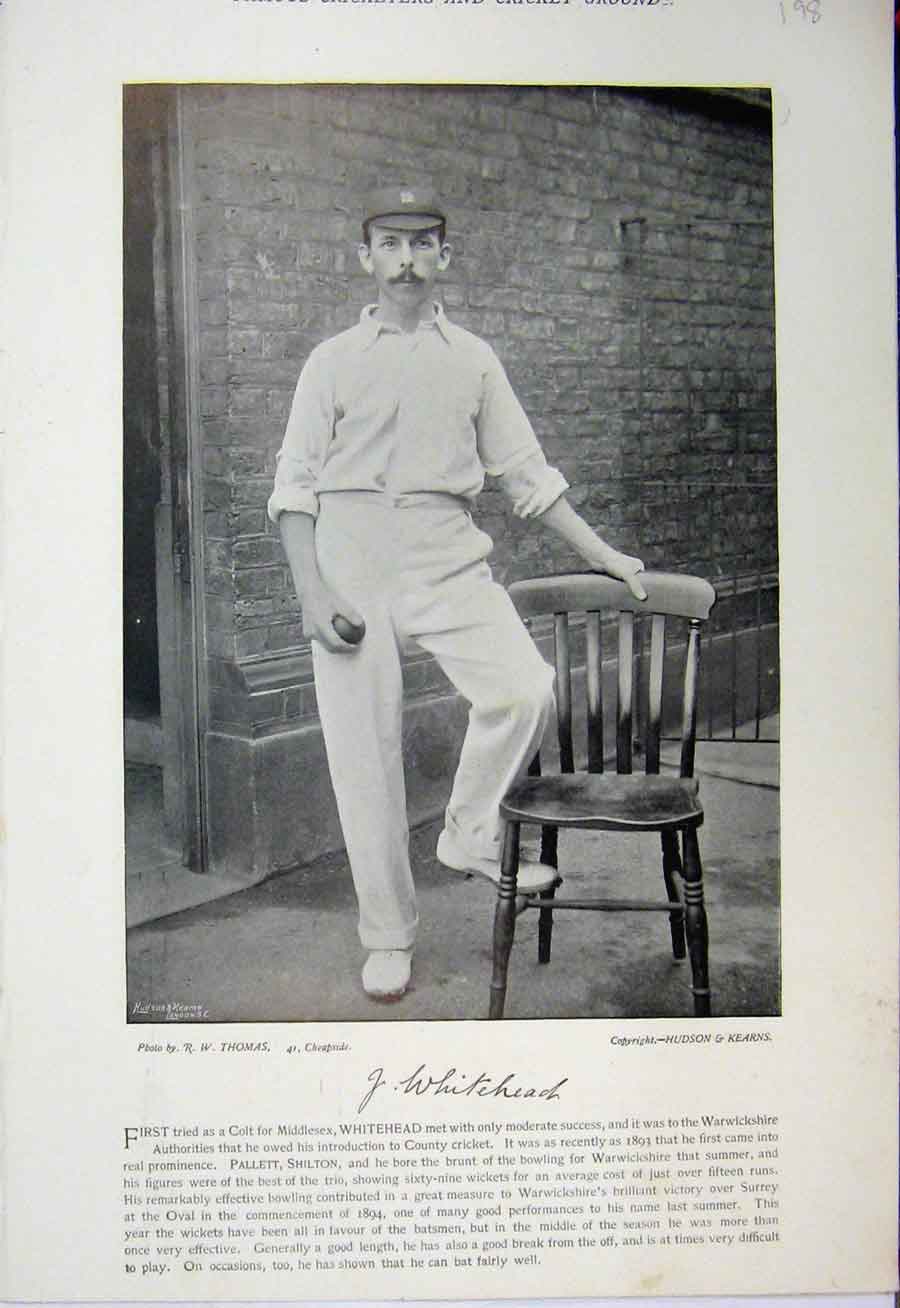 Original Old Antique Print 1895 Cricket Whitehead Peel Sport Photograph Bowling
