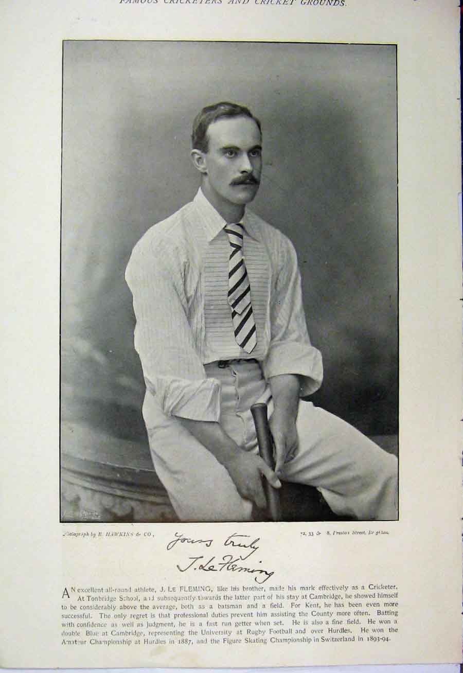 Original Old Antique Print 1895 Cricket Sport Fleming Essex Mead Photograph Bat