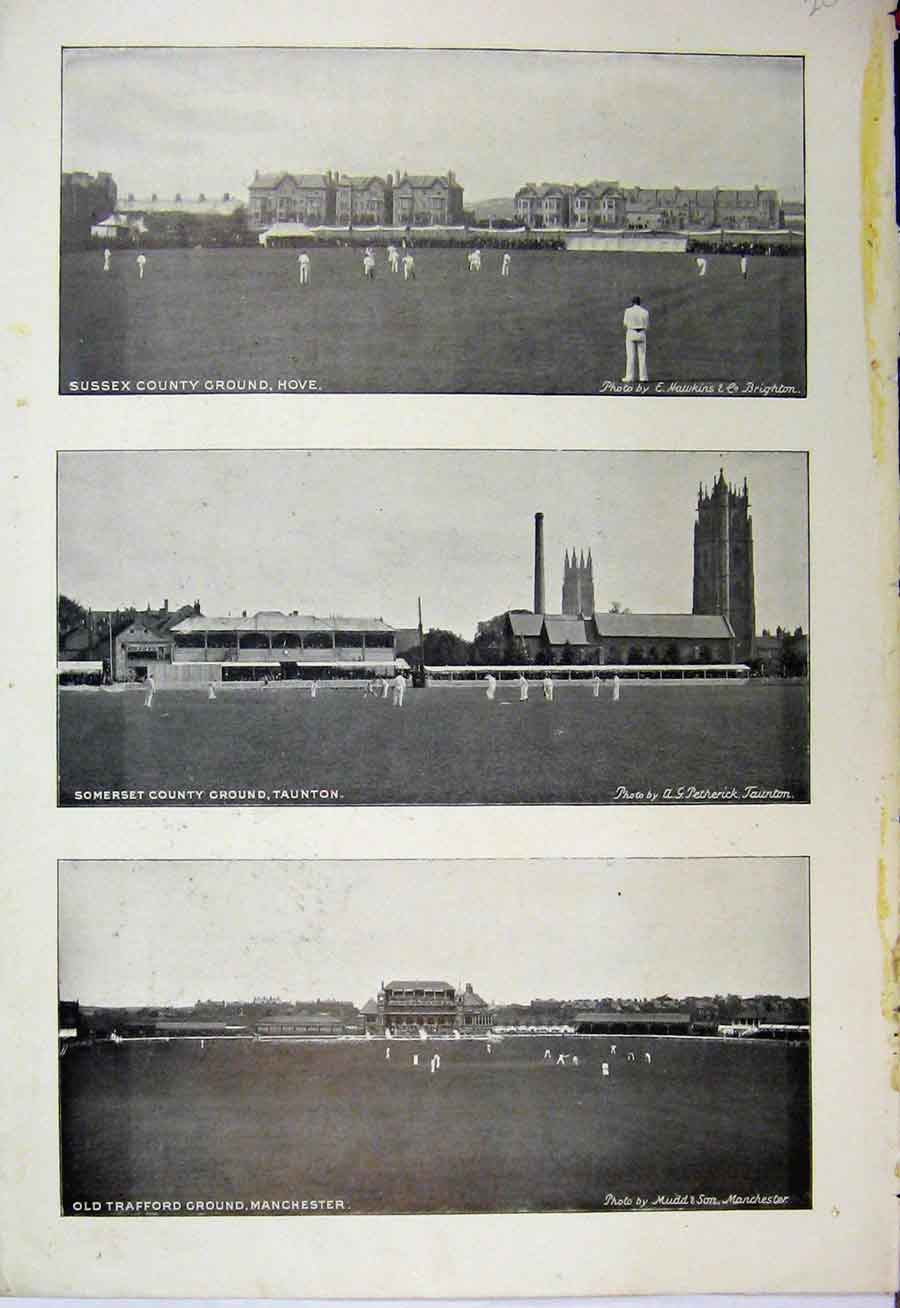 Original Old Antique Print 1895 Cricket Sussex Ground Taunton Trafford Players