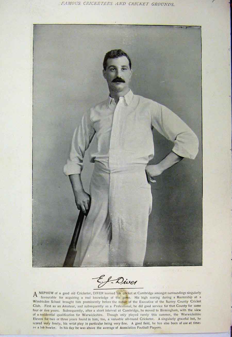 Old Antique Print 1895 Cricket Diver Henry Perkins Photograph Sport Bat 19th