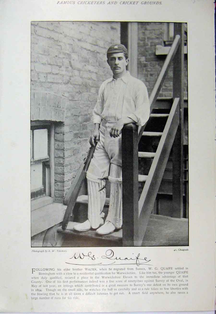 Original Old Antique Print 1895 Cricket Sport Quaife Richard Pilling Photograph