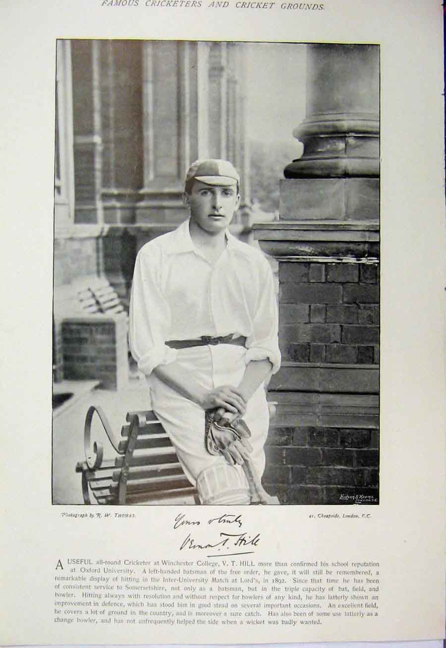 Original Old Antique Print 1895 Cricket Sport Hill Winchester Wilson Photograph