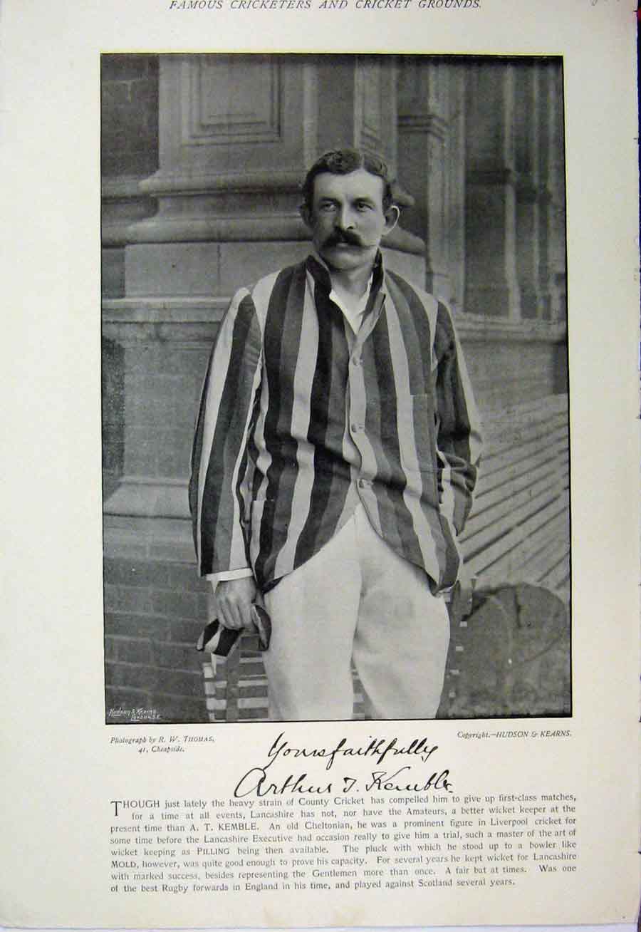 Original Old Antique Print 1895 Cricket Sport Kemble Whiteside Photograph 19th