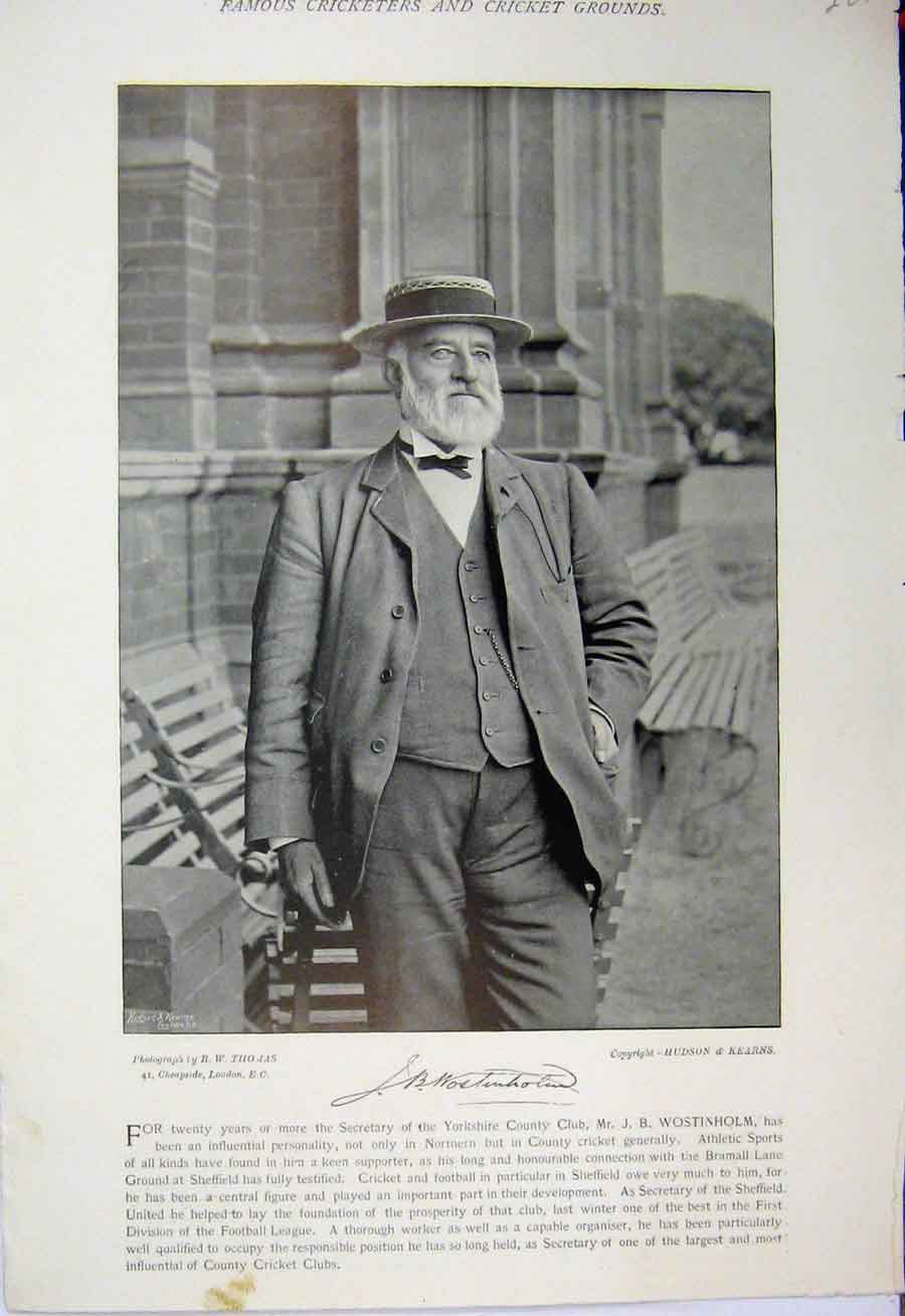 Original Old Antique Print Cricket Sport 1895 Wostinholm Secretary Gwynn 19th