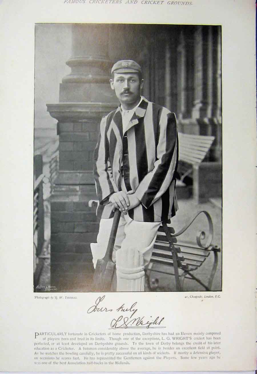 Original Old Antique Print Cricket Sport Wright Jephson 1895 Photograph Bat