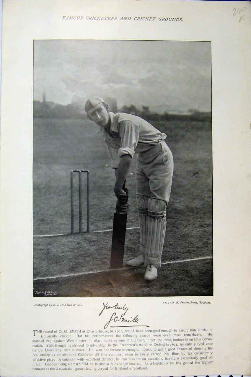 Original Old Antique Print 1895 Smith Pike Famous Cricket Sport Photograph Bat