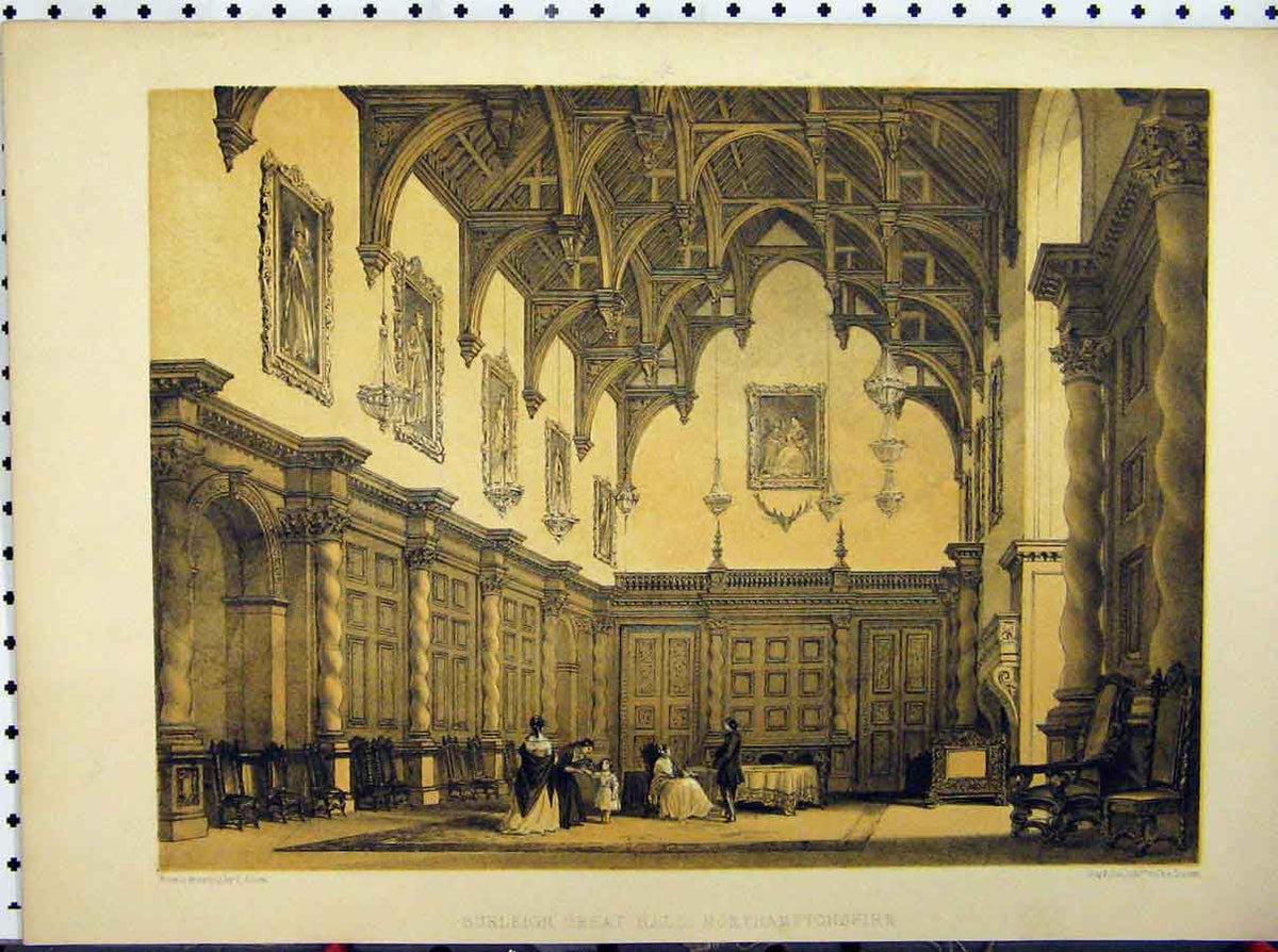 Old Antique Print Burleigh Great Hall Horthamptonshire C1850 Stately Home 19th