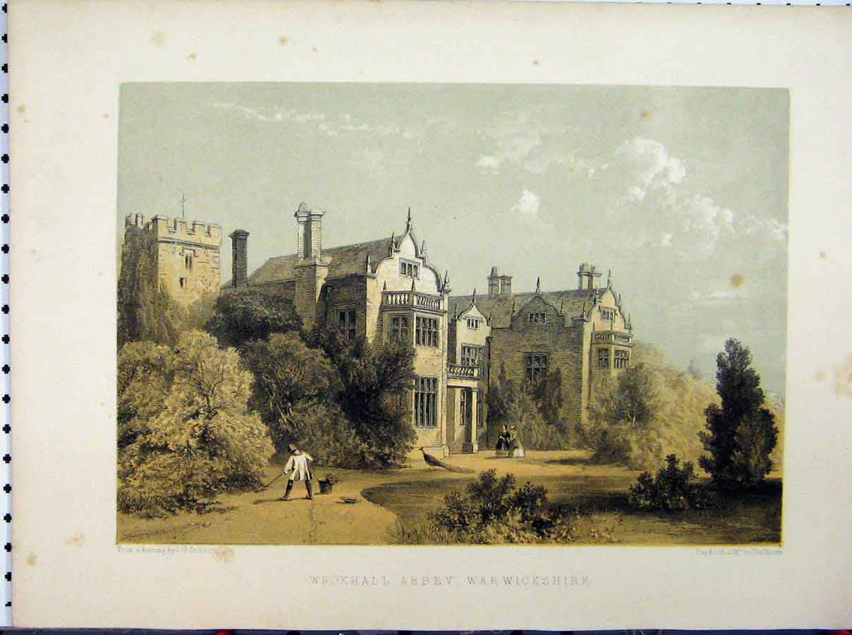 Old Antique Print Wroxhall Abbey Warwickshire Jackson C1850 Stately Home 19th