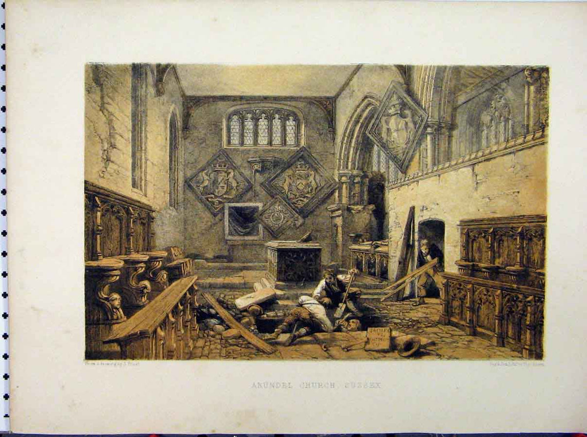 Original Old Antique Print Arundel Church Sussex C1850 Prout Stately Home 19th