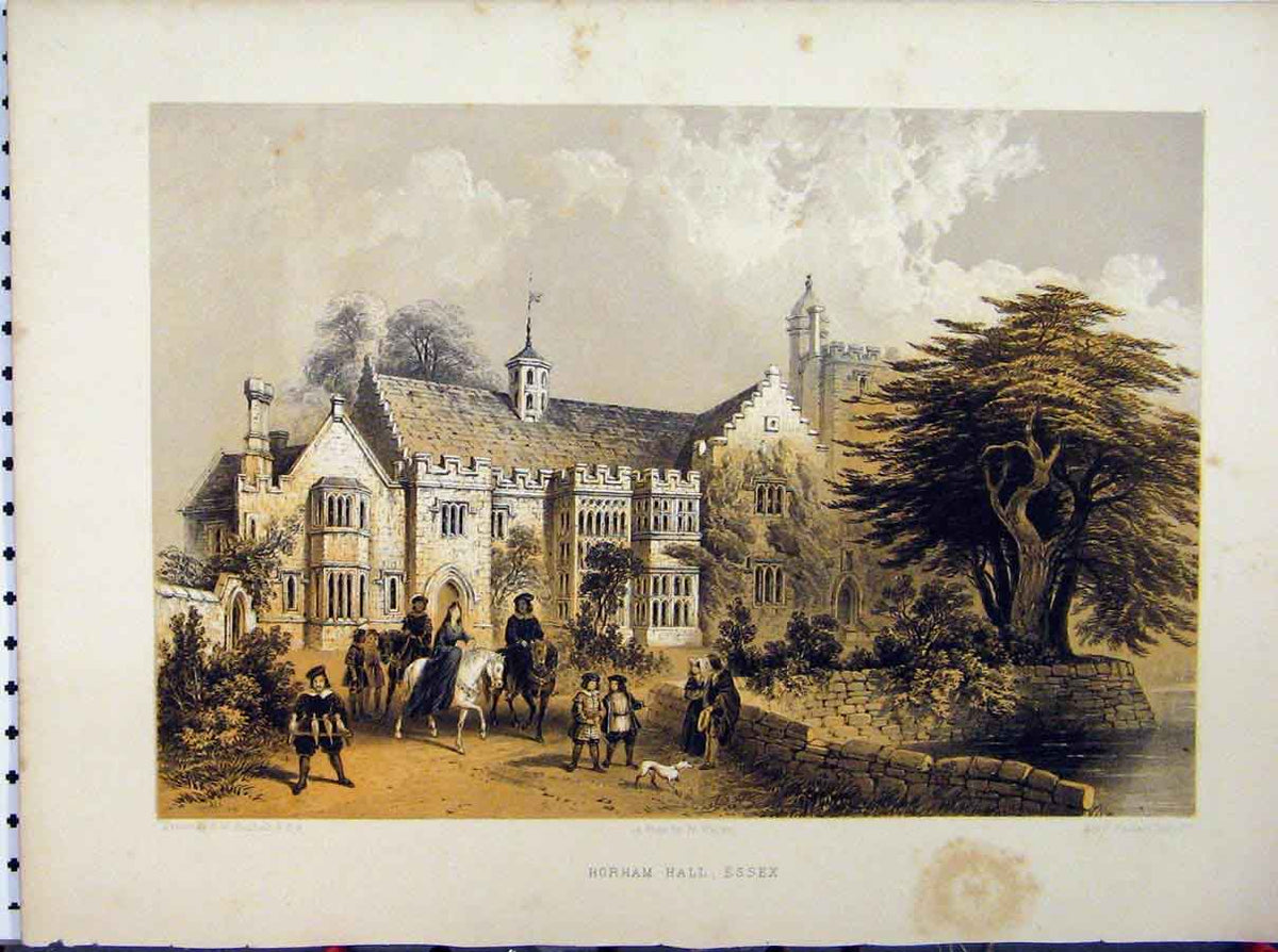Old Antique Print Horham Hall Essex C1850 Hanhart Fairholt Stately Home 19th