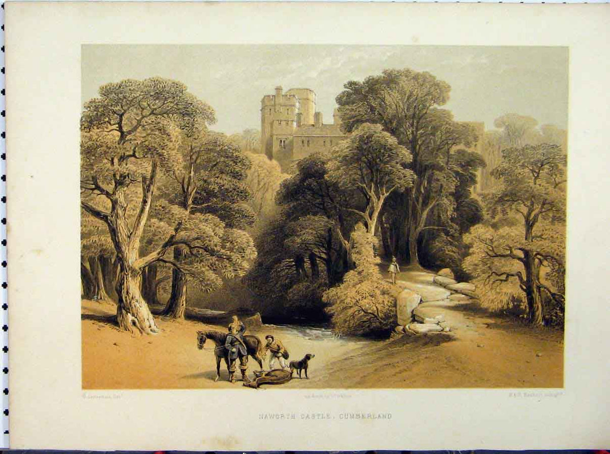Original Old Antique Print Naworth Castle Cumberland C1850 Hanhart Stately Home