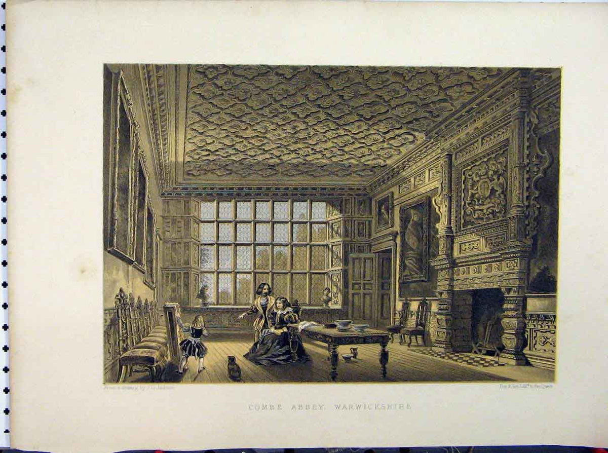 Original Old Antique Print C1850 Combe Abbey Warwickshire Jackson Stately Home