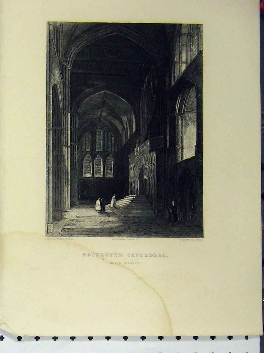 Original Old Antique Print C1850 Rochester Cathedral North Transept Winkles