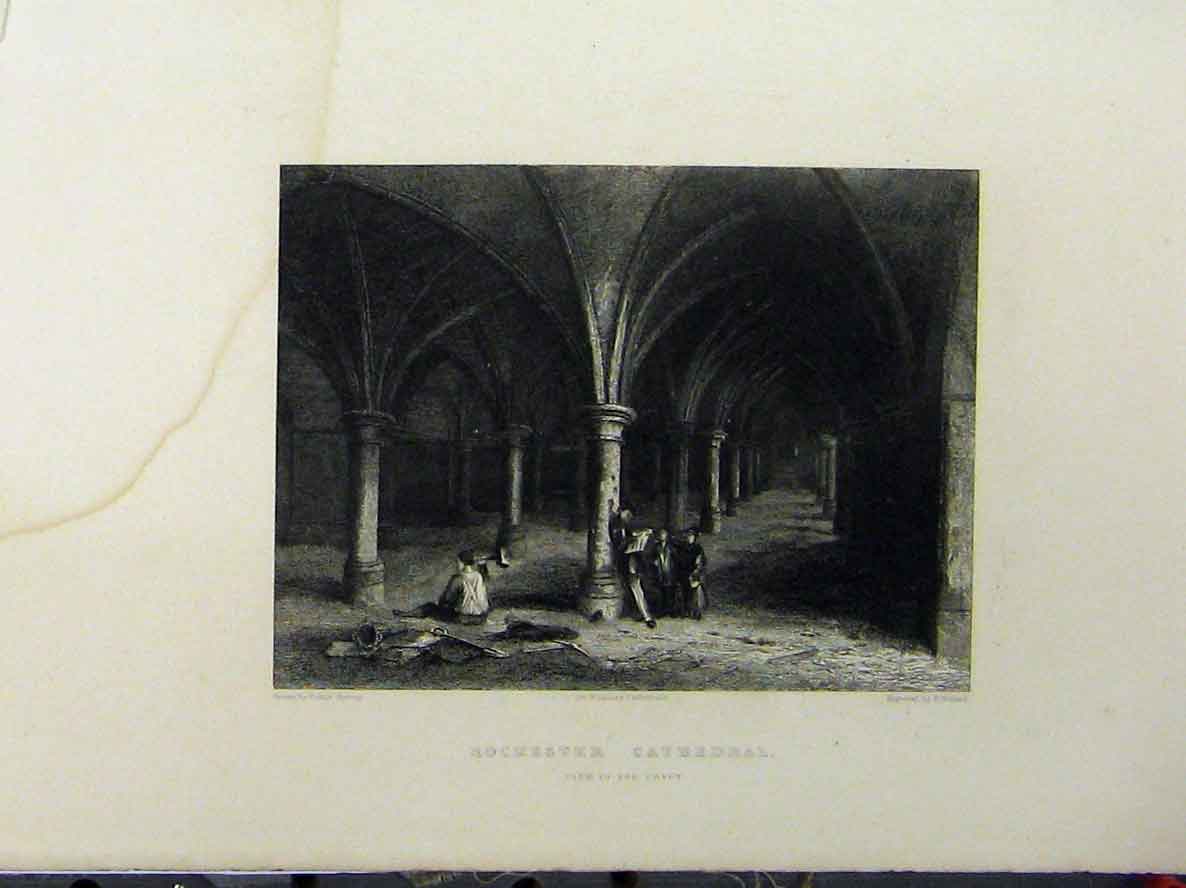 Original Old Antique Print C1850 Rochester Cathedral View Crypt Winkles 19th