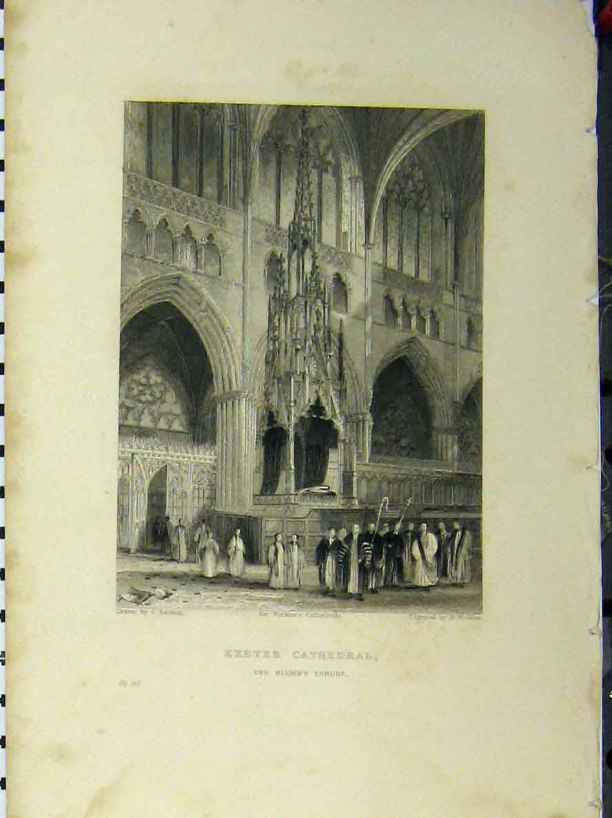 Original Old Antique Print Exeter Cathedral C1850 Bishops Throne Winkles 19th