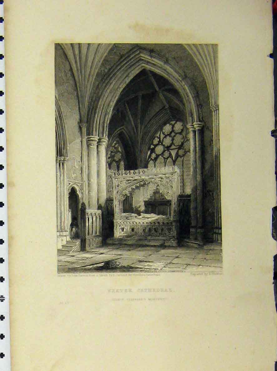 Original Old Antique Print Exeter Cathedral C1850 Bishop Staffords Monument