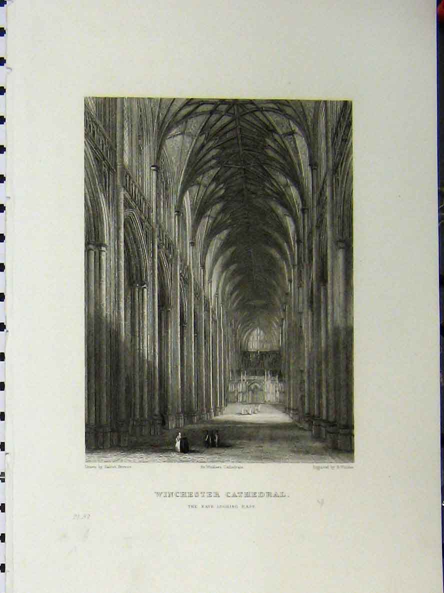 Original Old Antique Print Winchester Cathedral C1850 Nave Browne Winkles 19th