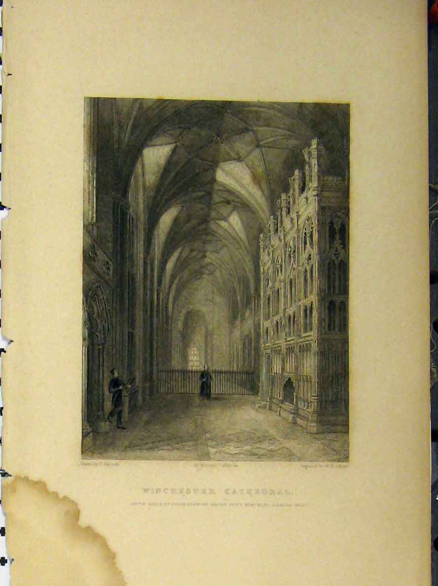 Original Old Antique Print C1850 Winchester Cathedral Bishop Fox Monument Choir
