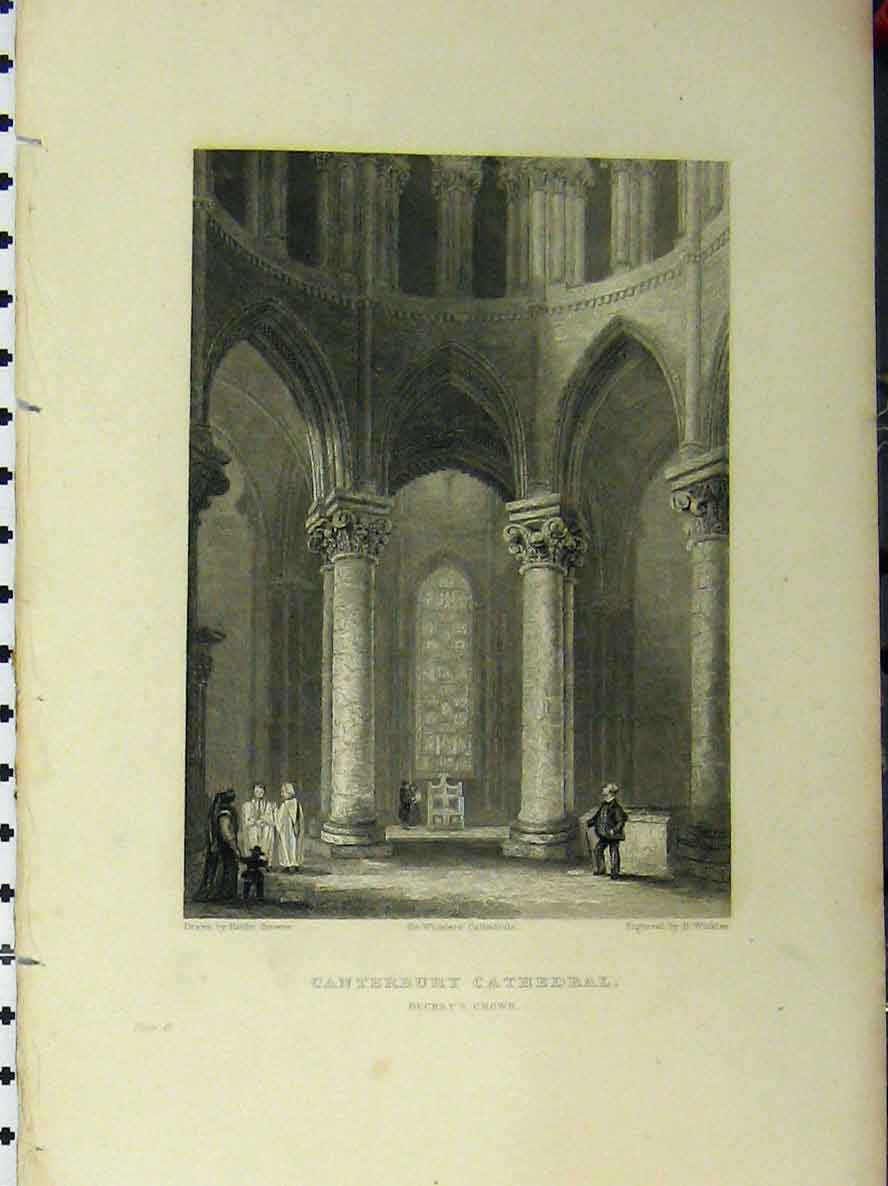 Original Old Antique Print C1850 Canterbury Cathedral Becket Crown Winkles 19th