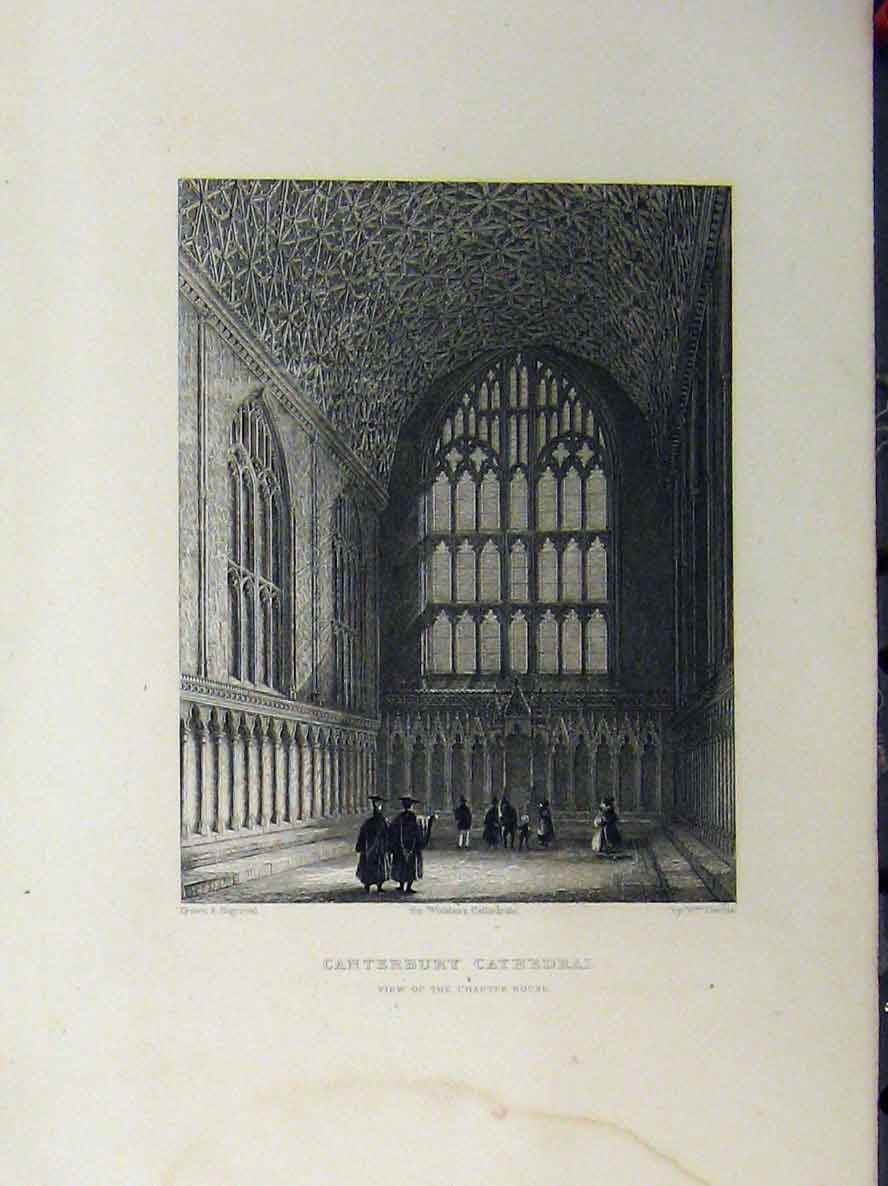 Original Old Antique Print C1850 Canterbury Cathedral Chapter House Winkles