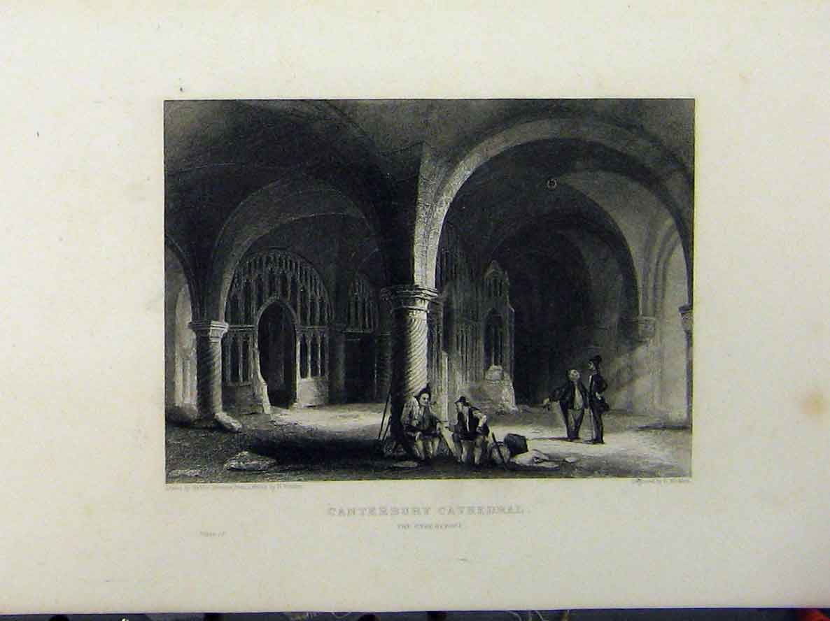 Original Old Antique Print Canterbury Cathedral C1850 Undercroft Winkles 19th