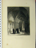 Original Old Antique Print C1850 Ely Cathedral Galilee Porch Winkles Victorian