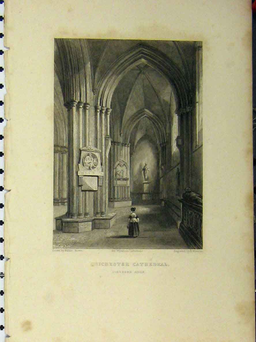 Original Old Antique Print C1850 Chichester Cathedral Northern Aisle Winkles