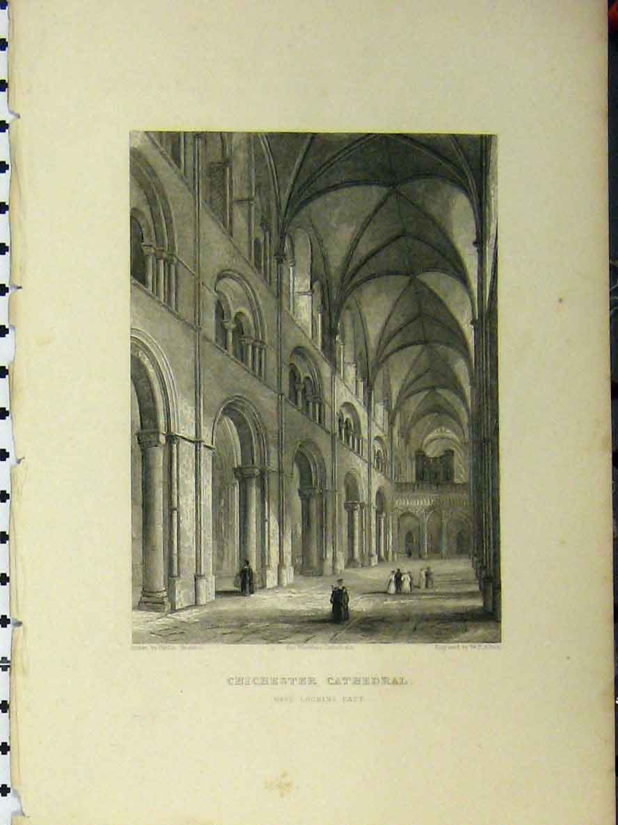 Original Old Antique Print Chichester Cathedral C1850 Nave Winkles Victorian