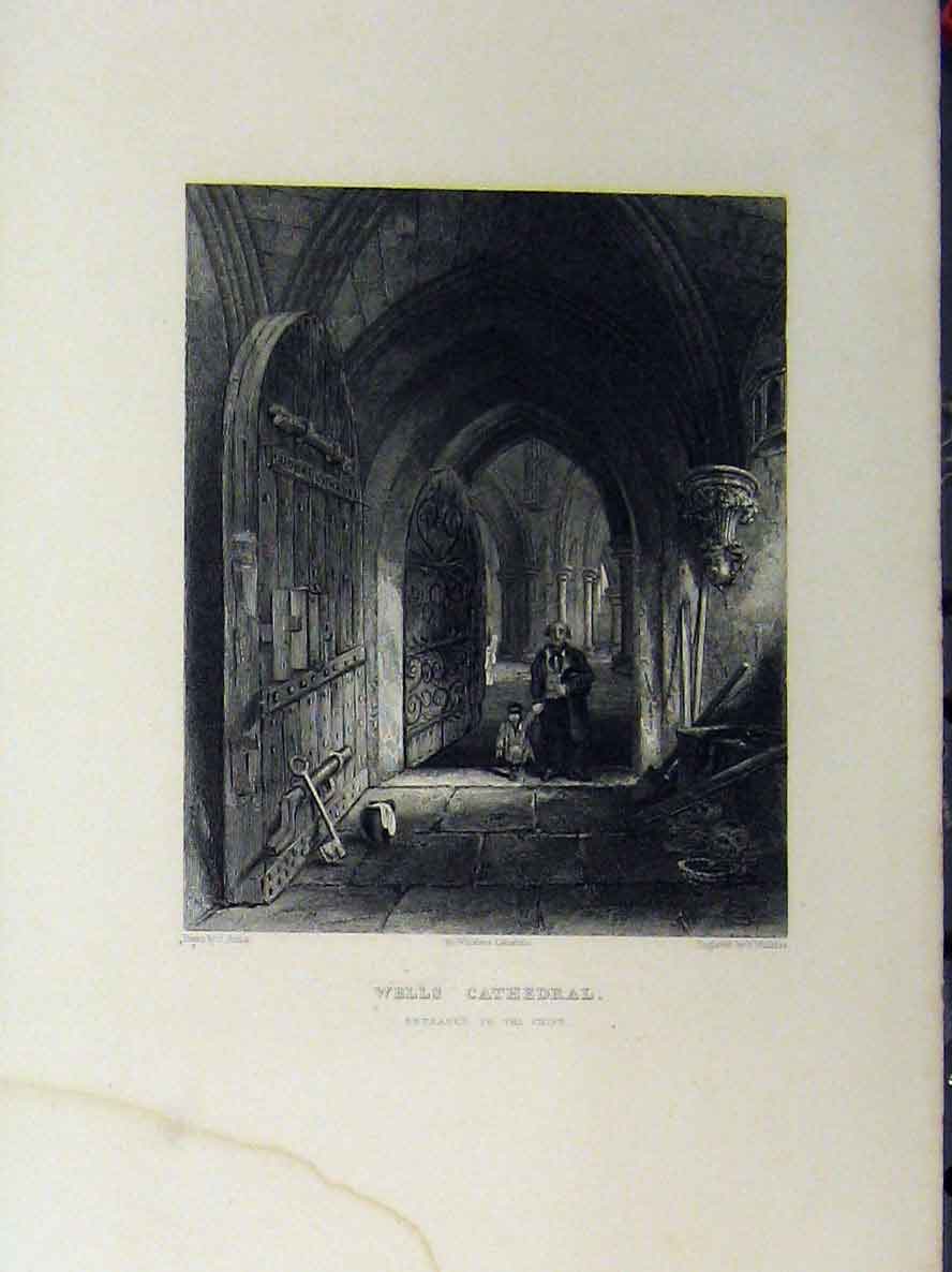Original Old Antique Print Wells Cathedral Entrance Crypt C1850 Winkles 19th