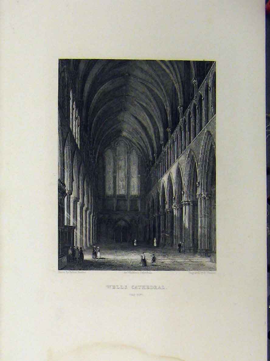 Original Old Antique Print Wells Cathedral Crypt C1850 Winkles 19th