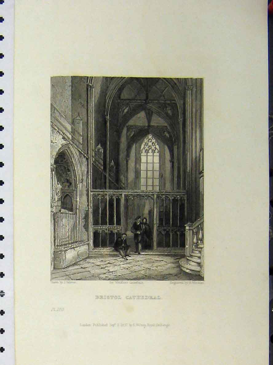Original Old Antique Print C1850 Bristol Cathedral Winkles Salmon Victorian