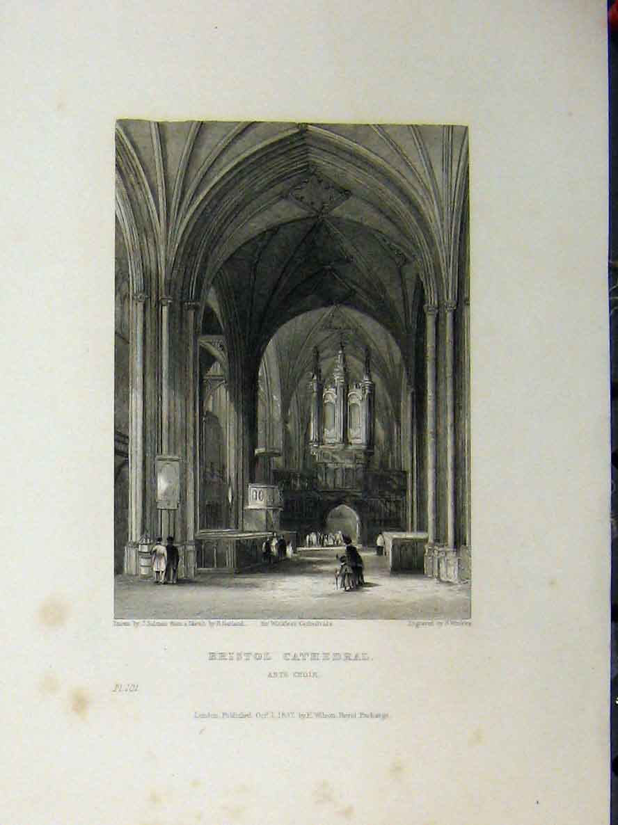 Original Old Antique Print Bristol Cathedral C1850 Ante Choir Winkles Victorian