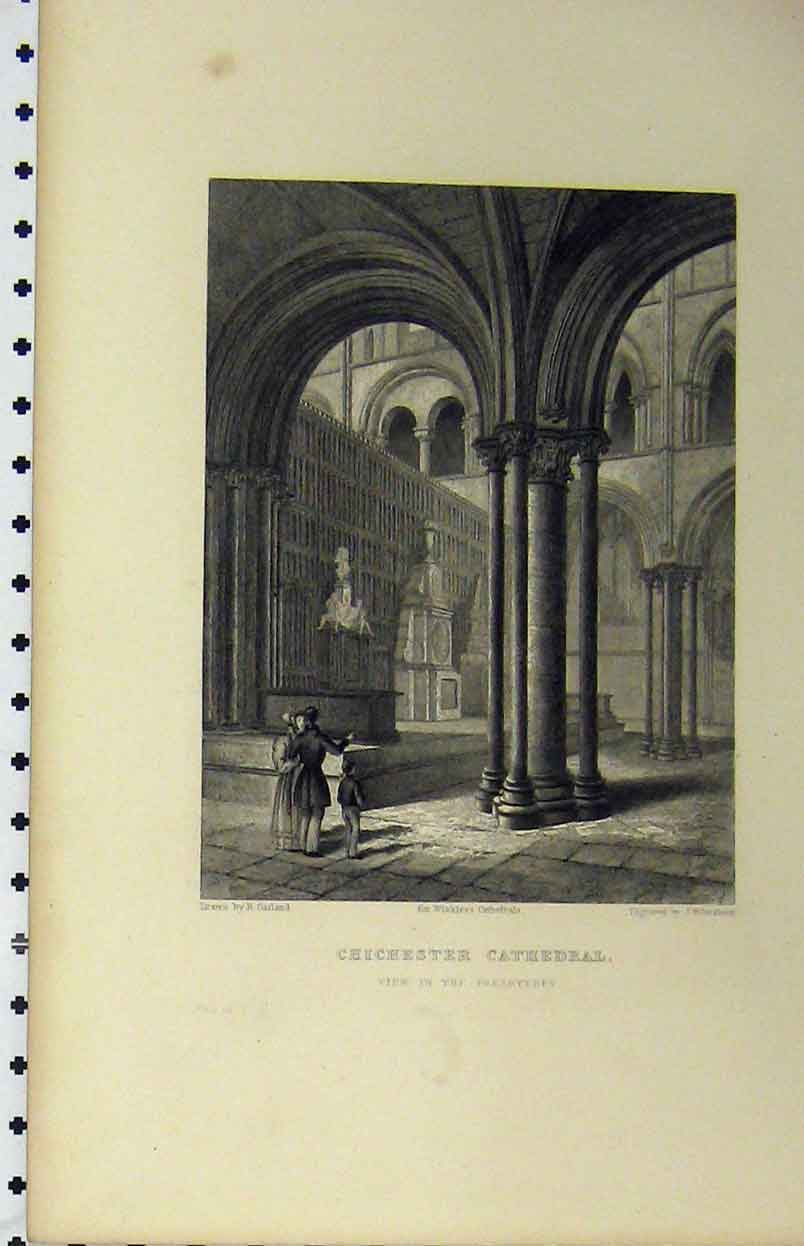 Original Old Antique Print C1850 Chichester Cathedral View Prebytery Winkles