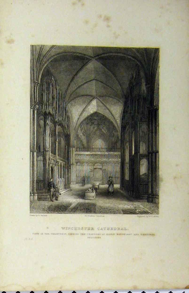 Original Old Antique Print Winchester Cathedral C1850 Waynfleet Beaufort Bishop