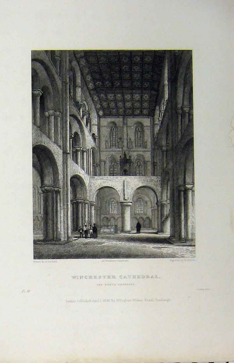 Original Old Antique Print Winchester Cathedral C1850 North Transept Winkles
