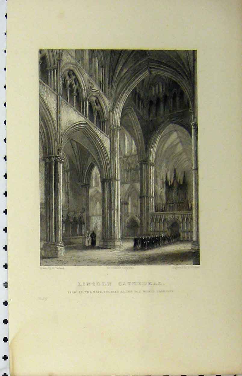 Original Old Antique Print C1850 Lincoln Cathedral Nave North Transept Winkles