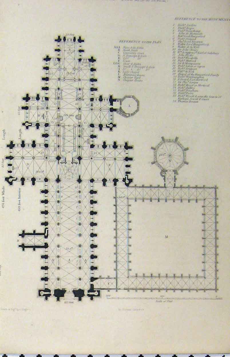 Antique Old Print C1850 Booklet Winchester Cathedral Nave Plan Bishop Fox 19th