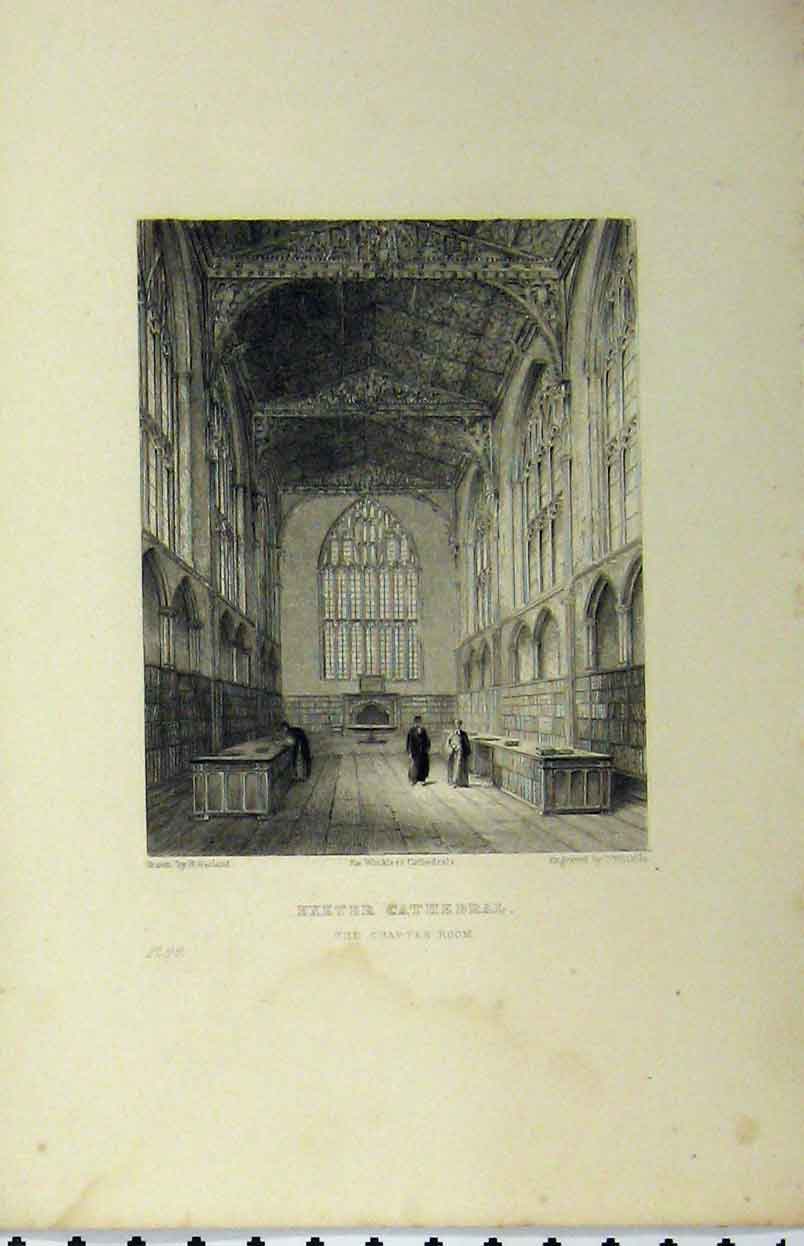 Original Old Antique Print Exeter Cathedral C1850 Chapter Room Winkles 19th