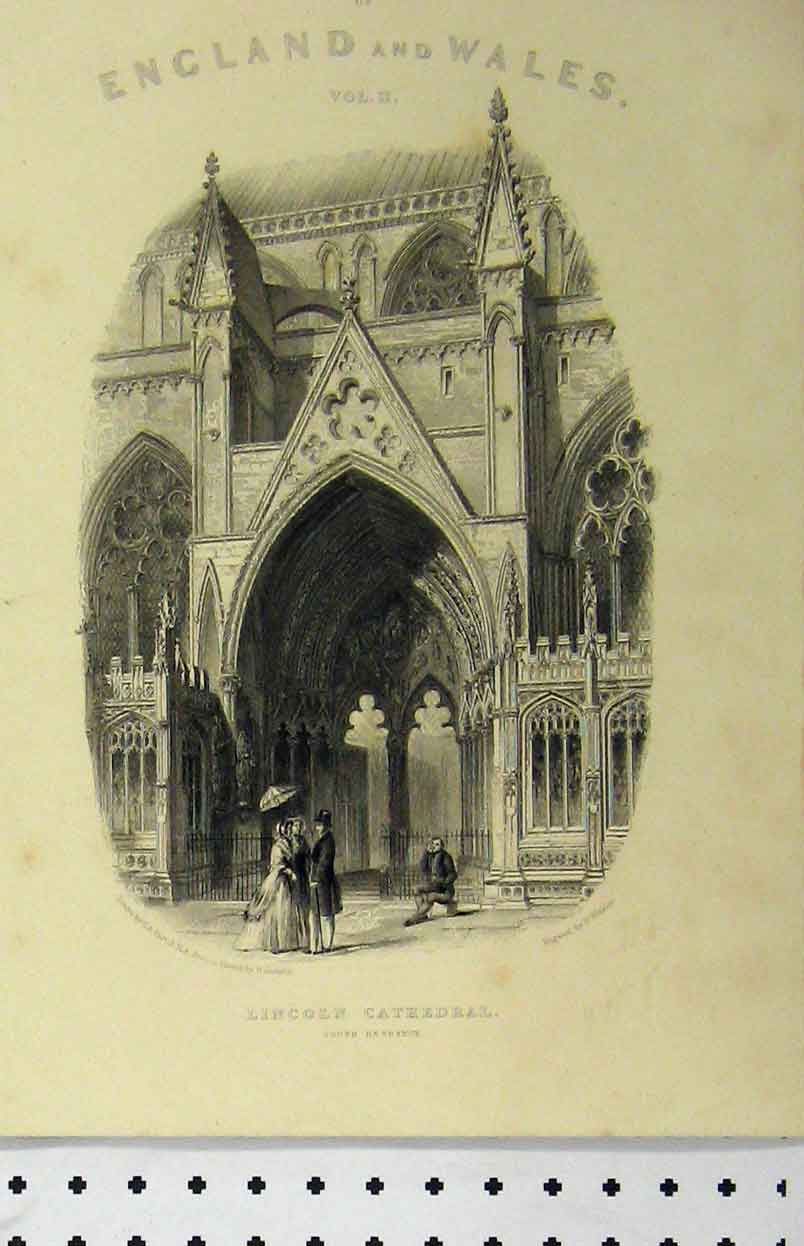 Original Old Antique Print C1850 Lincoln Cathedral South Entrance Winkles 19th