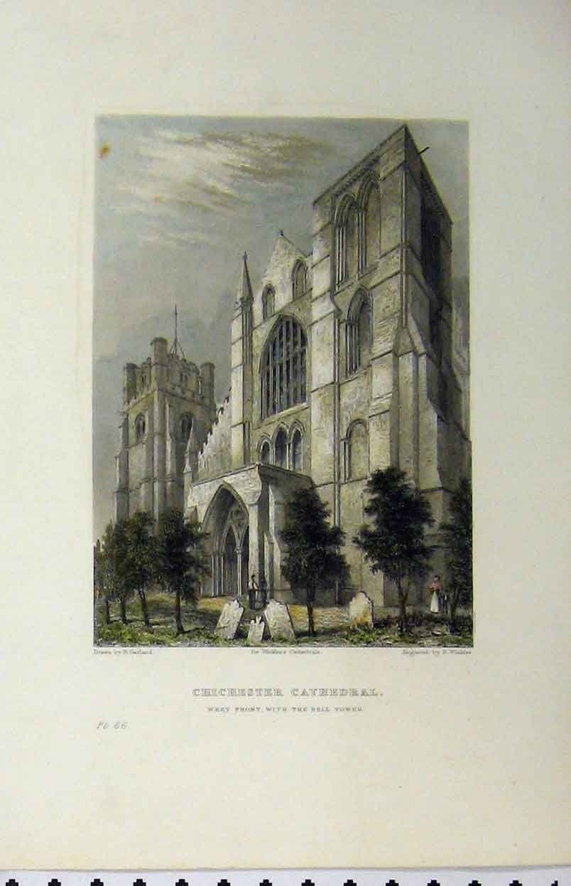 Original Old Antique Print C1850 Chichester Cathedral West Front Bell Tower