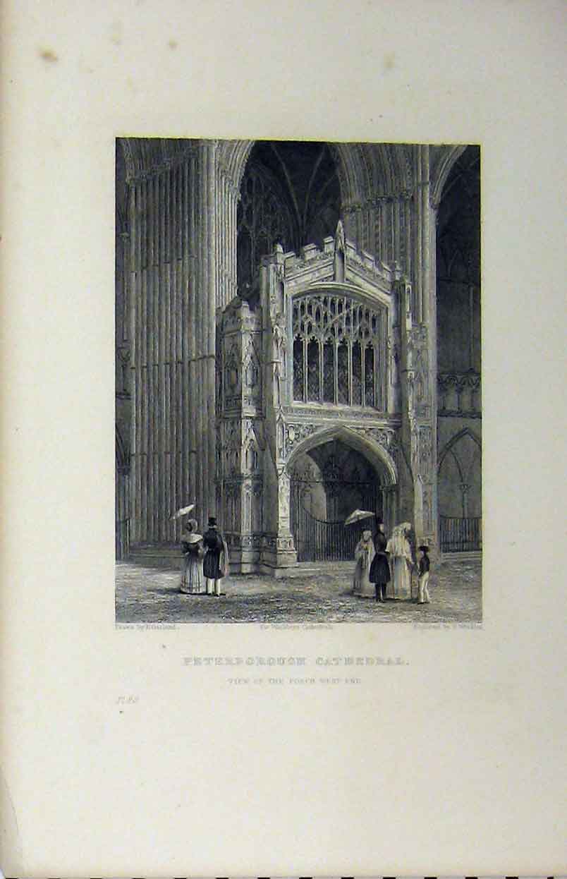 Original Old Antique Print C1850 Peterborough Cathedral View Porch West End