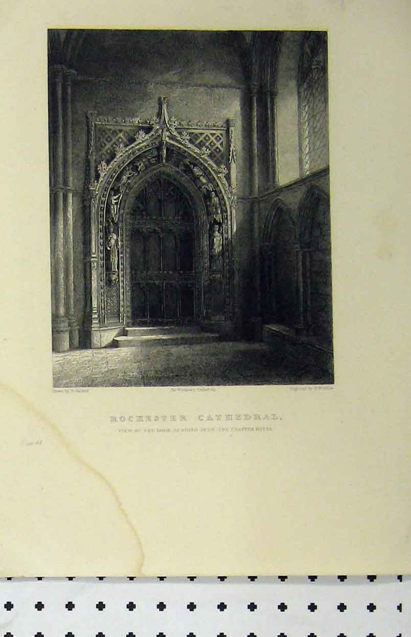 Original Old Antique Print Rochester Cathedral C1850 Door Chapter House Winkles