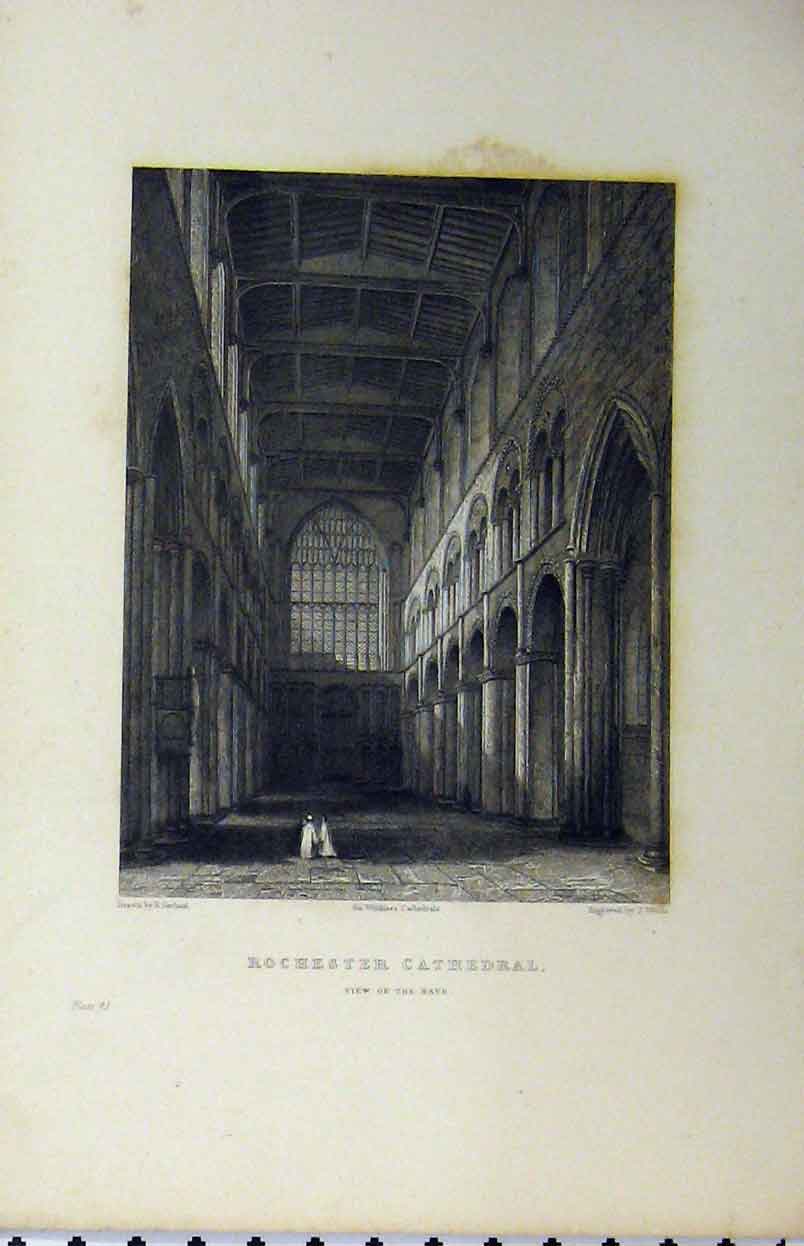 Original Old Antique Print C1850 Rochester Cathedral View Nave Winkles 19th