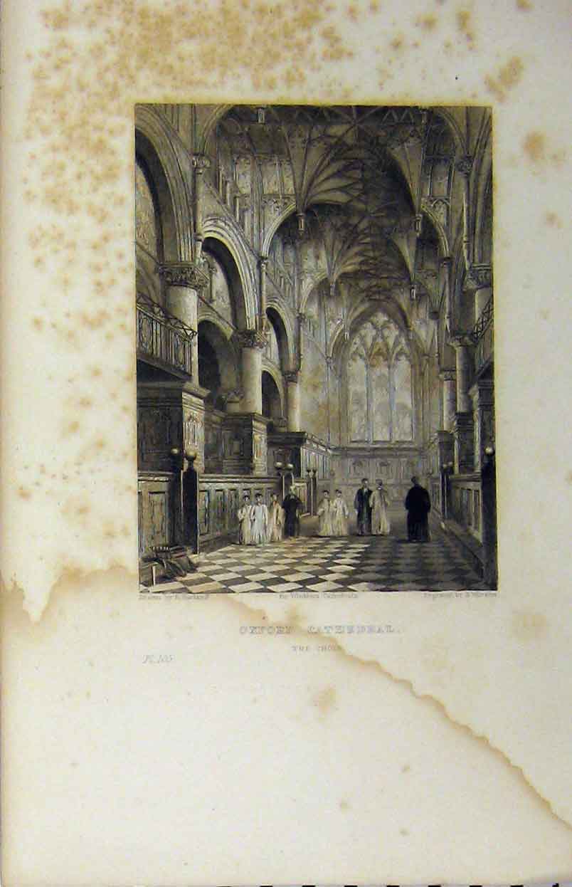 Original Old Antique Print C1850 Oxford Cathedral Choir Music Winkles Victorian
