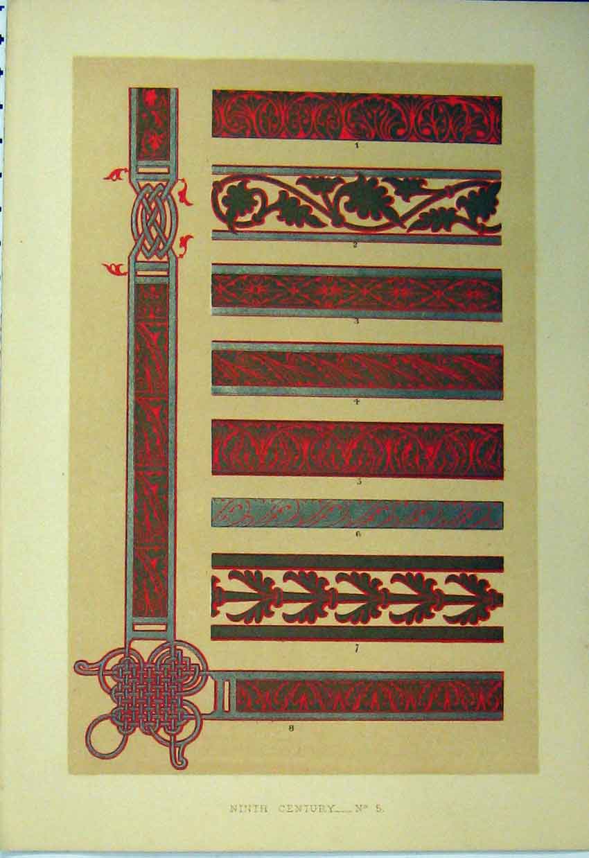 Original Old Antique Print C1882 Ninth Century Colour Design Stripes Victorian